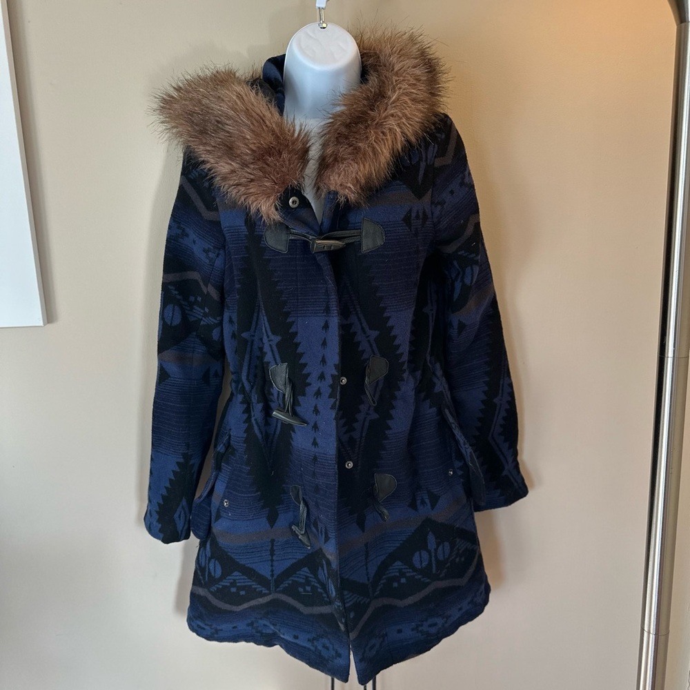 BB Dakota Navy Patterned Aztec Wool Blend Coat with Faux Fur